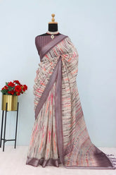 Linen Digital Print Brown Saree With Unstiched Blouse Piece-MPHL-86-BROWN